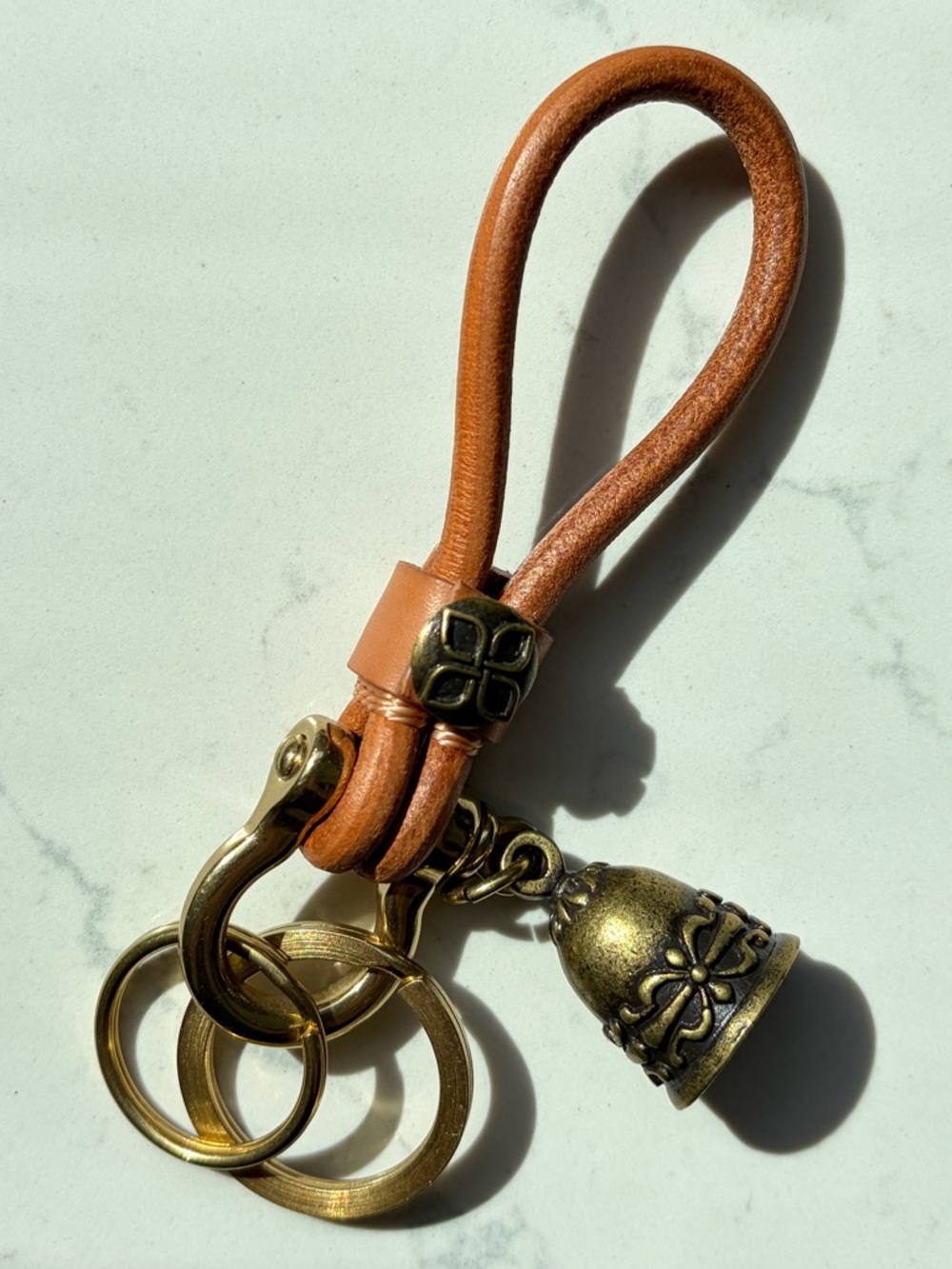 Leather Loop Keyring with Antique Brass Bell - Tan